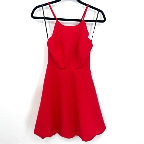 LULUS Red Play On Curved Scalloped High Neck Lace Back Mini Dress Size XS - Picture 3 of 8